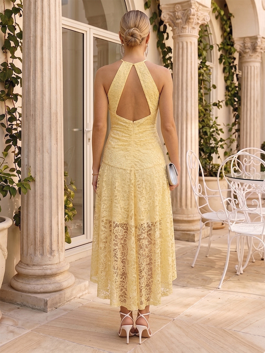 A-Line/Princess Halter Sleeveless Asymmetrical Wedding Guest Dresses with Lace &amp; Keyhole