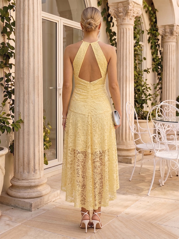 A-Line/Princess Halter Sleeveless Asymmetrical Wedding Guest Dresses with Lace & Keyhole