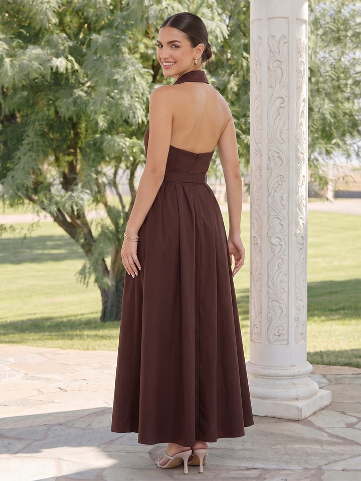 A-Line/Princess Halter Sleeveless Ankle-Length Wedding Guest Dresses with Belt