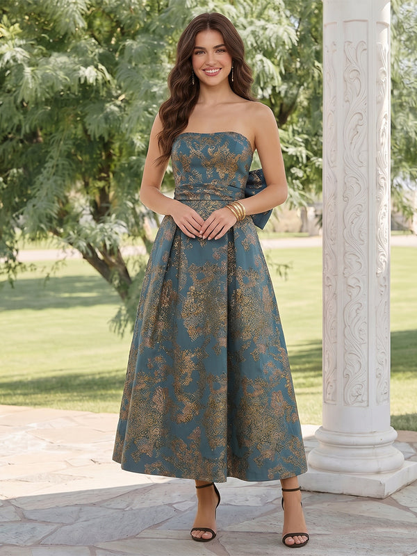 A-Line/Princess Strapless Sleeveless Ankle-Length Wedding Guest Dresses with Ruched & Bowknot