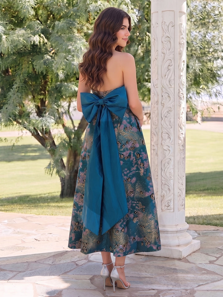 A-Line/Princess Strapless Sleeveless Ankle-Length Wedding Guest Dresses with Ruched &amp; Bowknot