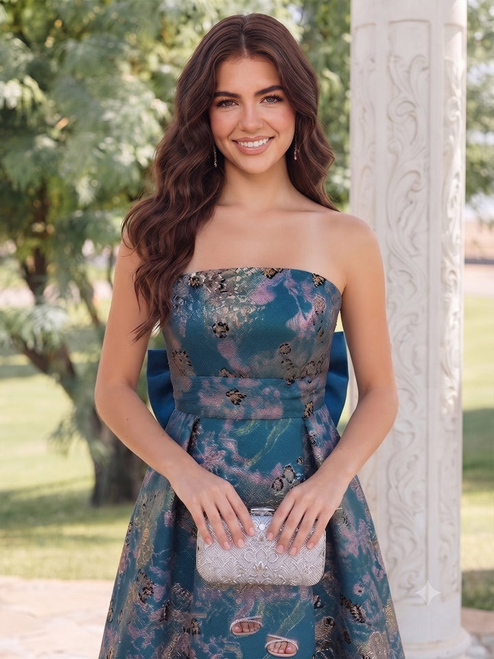 A-Line/Princess Strapless Sleeveless Ankle-Length Wedding Guest Dresses with Ruched &amp; Bowknot