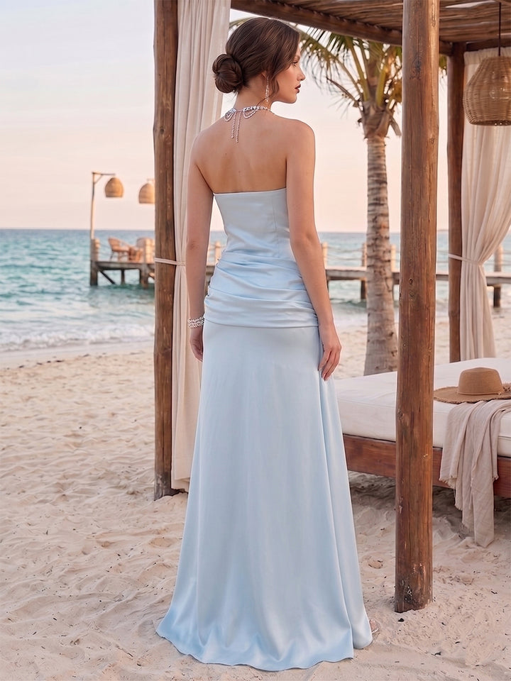 Sheath/Column Strapless Sleeveless Floor-Length Bridesmaid Dresses with  Sash &amp; Ruched