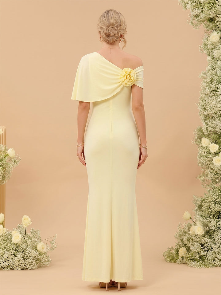 Sheath/Column Asymmetrical Cap Sleeves Floor-Length Long Bridesmaid Dresses With Ruched &amp; 3D Floral