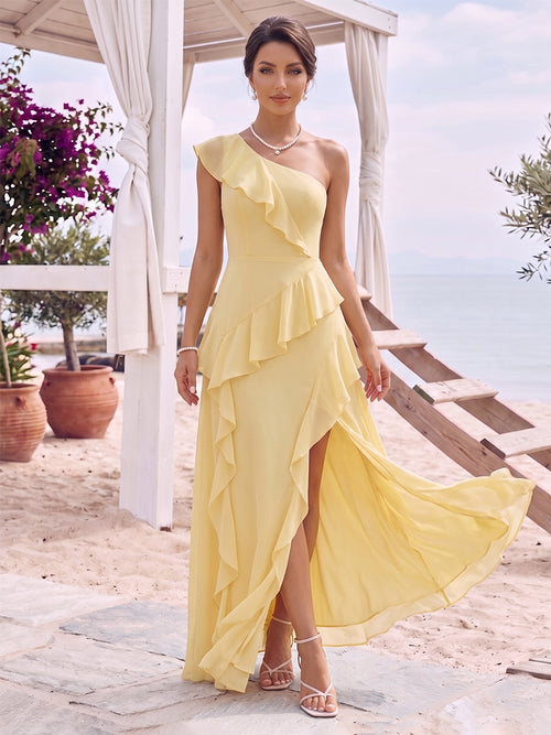 A-Line/Princess One-Shoulder Sleeveless Floor-Length Bridesmaid Dresses with Ruffles & Split Side