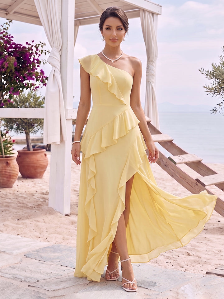 A-Line/Princess One-Shoulder Sleeveless Floor-Length Bridesmaid Dresses with Ruffles &amp; Split Side