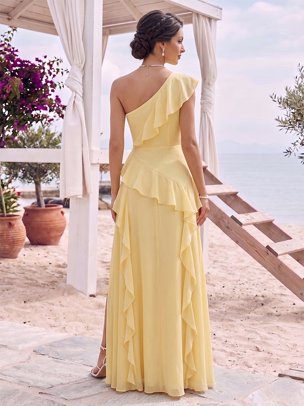 A-Line/Princess One-Shoulder Sleeveless Floor-Length Bridesmaid Dresses with Ruffles & Split Side