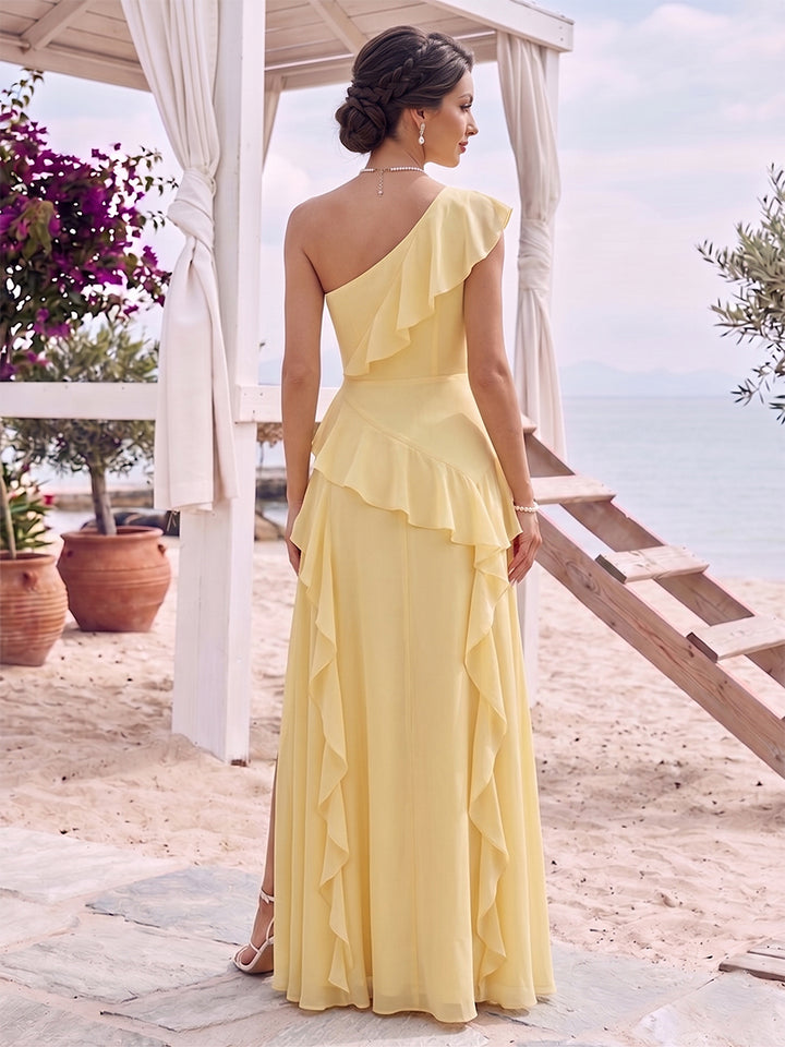 A-Line/Princess One-Shoulder Sleeveless Floor-Length Bridesmaid Dresses with Ruffles &amp; Split Side