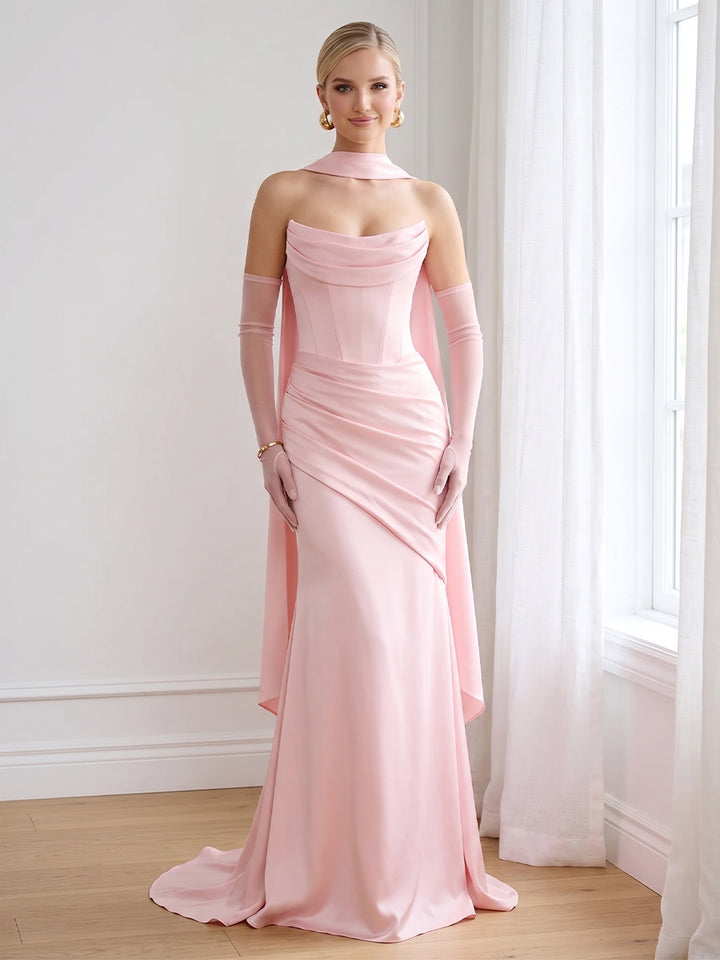Trumpet/Mermaid Strapless Sleeveless Floor-Length Bridesmaid Dresses with Scarf &amp; Ruched