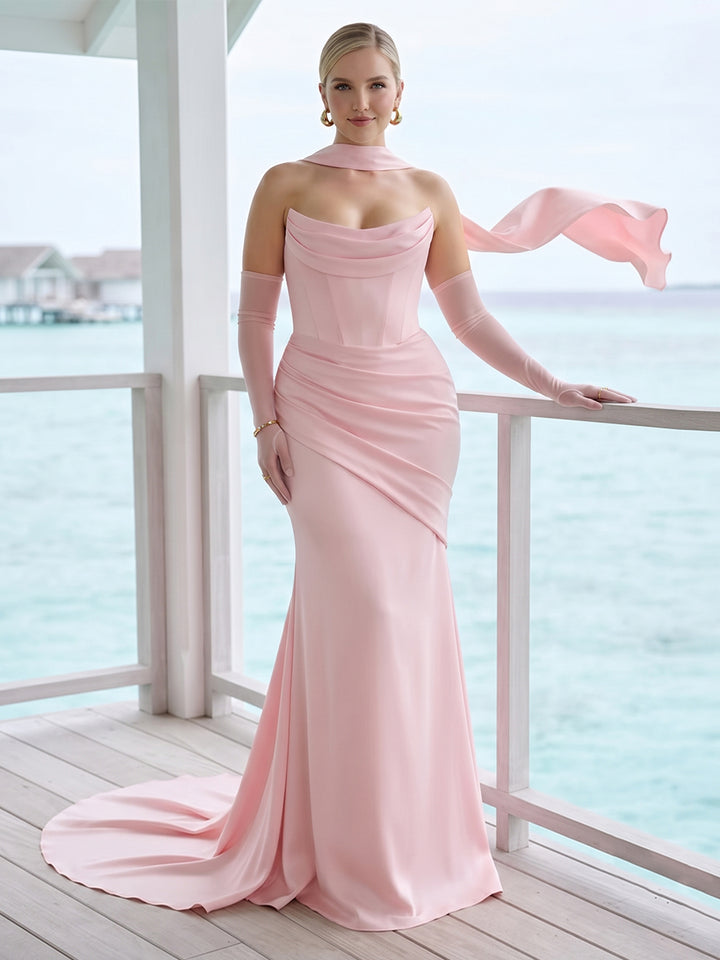 Trumpet/Mermaid Strapless Sleeveless Floor-Length Plus Size Bridesmaid Dresses with Scarf &amp; Ruched