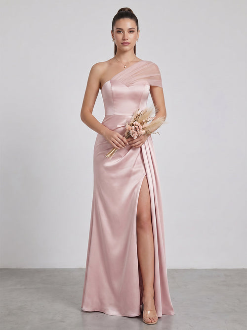 Sheath/Column Asymmetrical One-Shoulder Long Bridesmaid Dresses With Pleated & Split Side