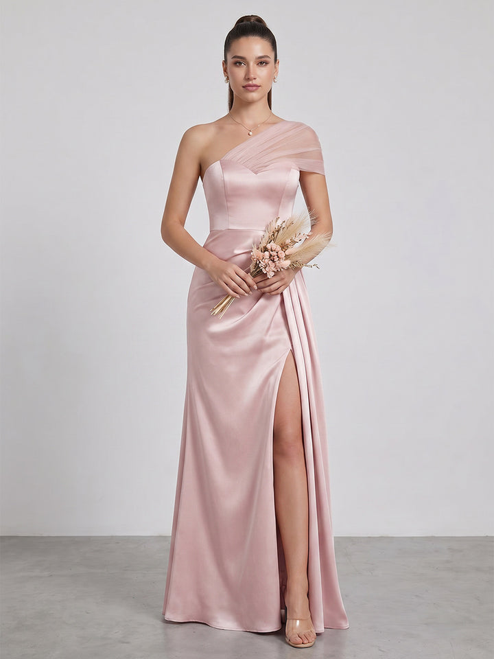 Sheath/Column Asymmetrical One-Shoulder Long Bridesmaid Dresses With Pleated &amp; Split Side