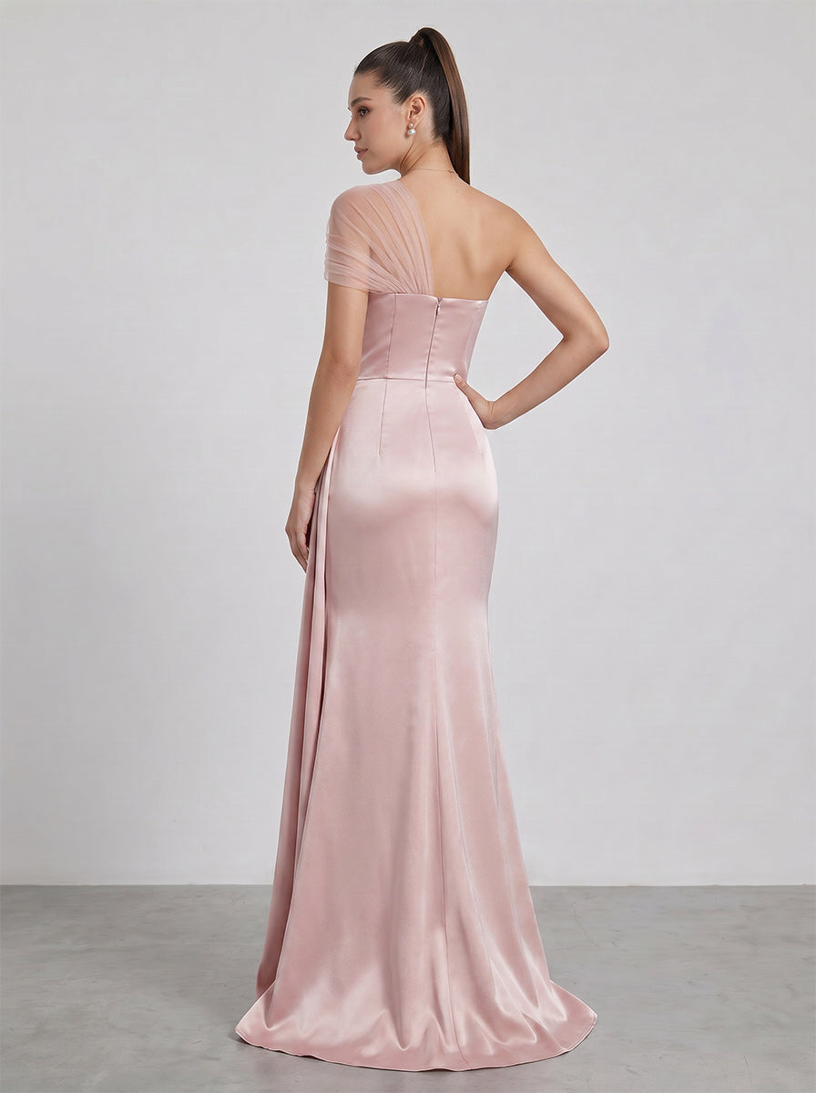 Sheath/Column Asymmetrical One-Shoulder Long Bridesmaid Dresses With Pleated &amp; Split Side