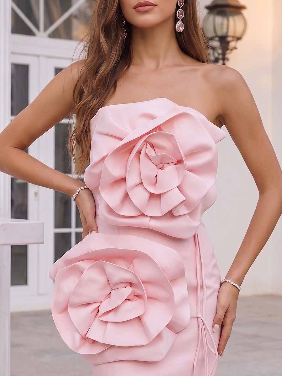 Sheath/Column Strapless Sleeveless Tea-Length Cocktail Dresses With 3D Floral