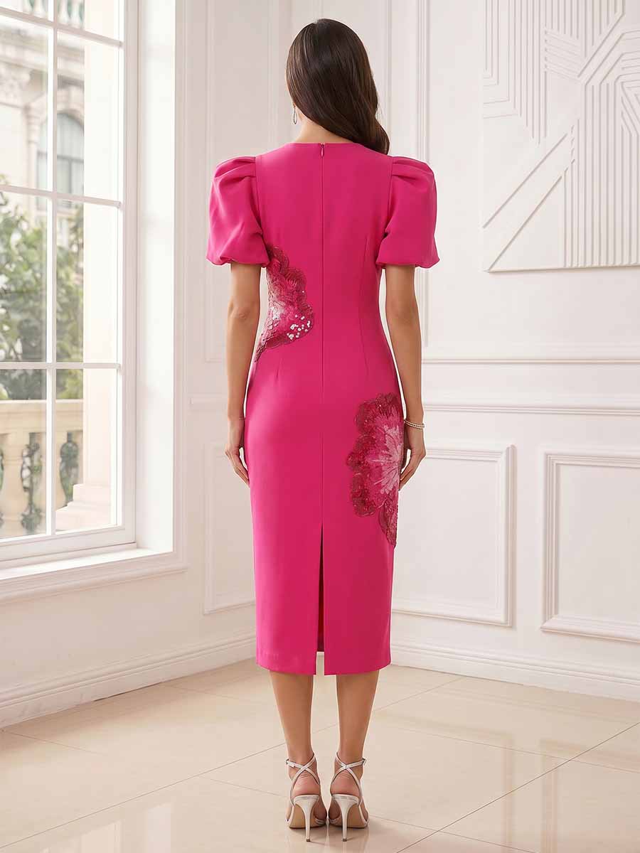 Sheath/Column Scoop Puff Sleeves Tea-Length Cocktail Dresses With Flower
