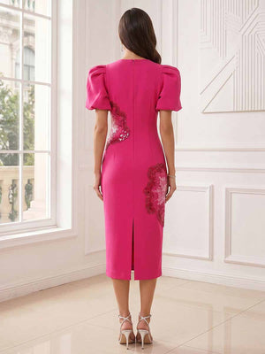 Sheath/Column Scoop Puff Sleeves Tea-Length Cocktail Dresses With Flower