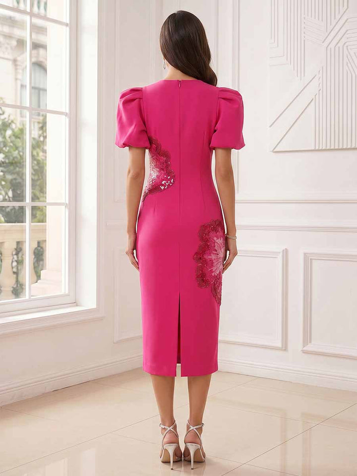 Sheath/Column Scoop Puff Sleeves Tea-Length Cocktail Dresses With Flower