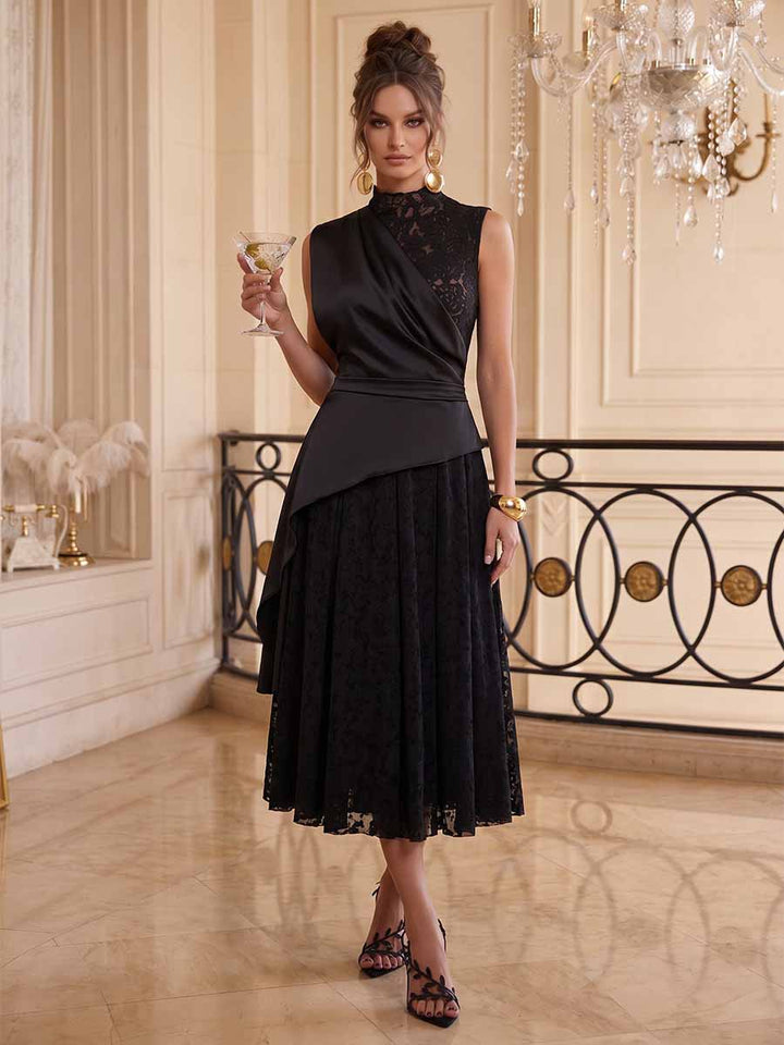 A-Line/Princess High Neck Sleeveless Asymmetrical Cocktail Dresses With Pleats &amp; Lace