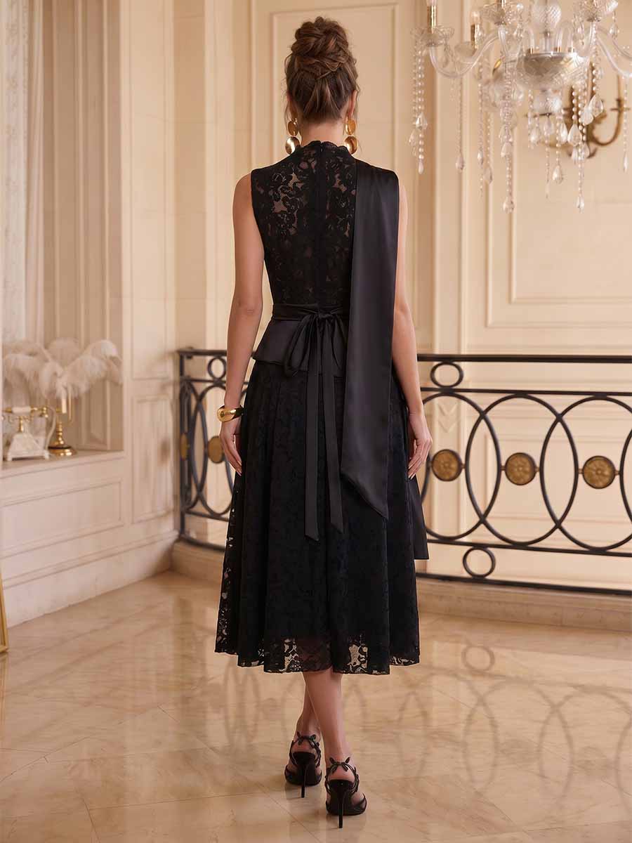A-Line/Princess High Neck Sleeveless Asymmetrical Cocktail Dresses With Pleats &amp; Lace