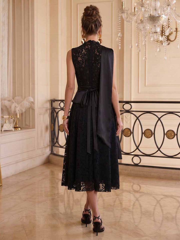A-Line/Princess High Neck Sleeveless Asymmetrical Cocktail Dresses With Pleats &amp; Lace
