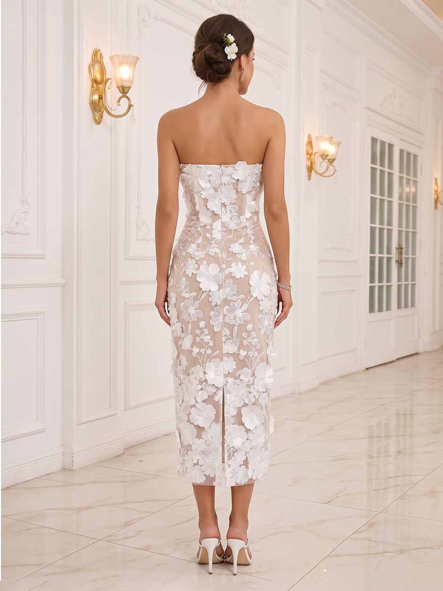 Sheath/Column Strapless Sleeveless Tea-Length Cocktail Dresses With Applique &amp; 3D Floral