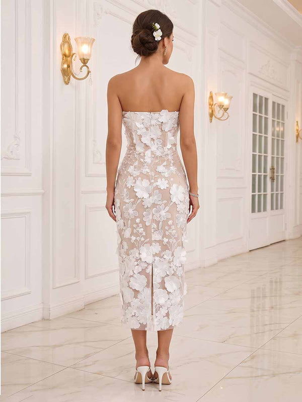 Sheath/Column Strapless Sleeveless Tea-Length Cocktail Dresses With Applique & 3D Floral