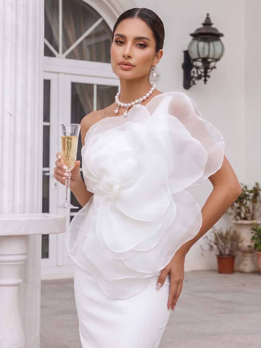 Sheath/Column One-Shoulder Sleeveless Tea-Length Cocktail Dresses With 3D Floral
