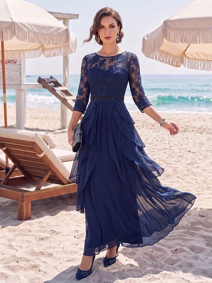 A-Line/Princess 3/4 Sleeves Scoop Floor-Length Mother Of The Bride Dresses With Appliques &amp; Lace