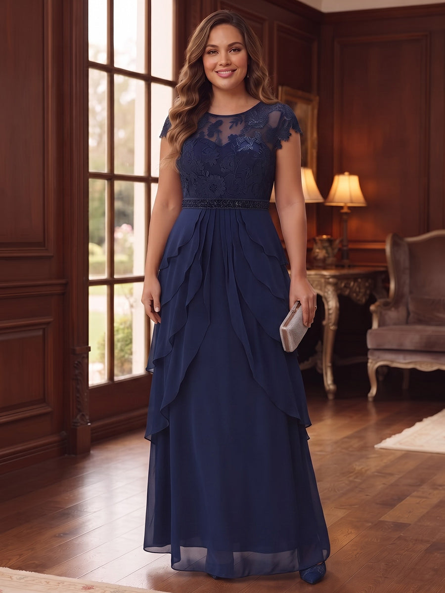 A-Line/Princess Scoop 3/4 Sleeves Chiffon Floor-Length Plus Size Mother of the Bride Dresses With Appliques &amp; Lace