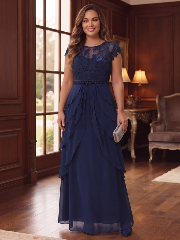 A-Line/Princess Scoop 3/4 Sleeves Chiffon Floor-Length Plus Size Mother of the Bride Dresses With Appliques &amp; Lace