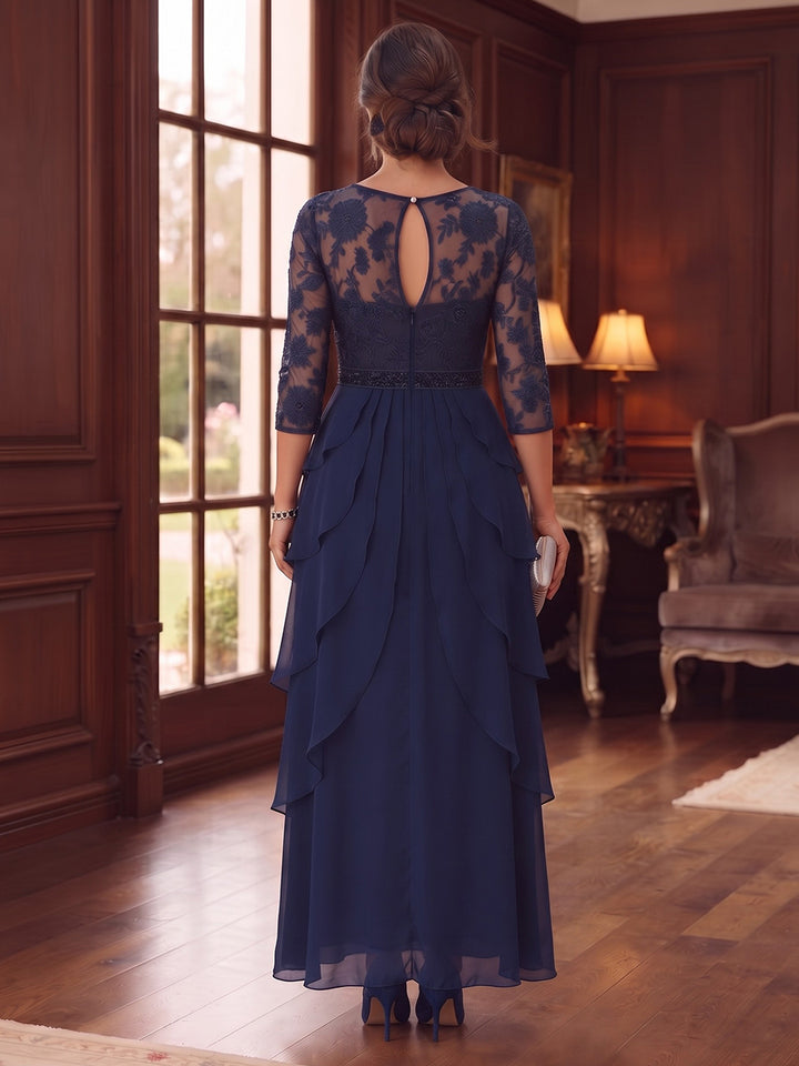 A-Line/Princess Scoop 3/4 Sleeves Chiffon Floor-Length Plus Size Mother of the Bride Dresses With Appliques &amp; Lace