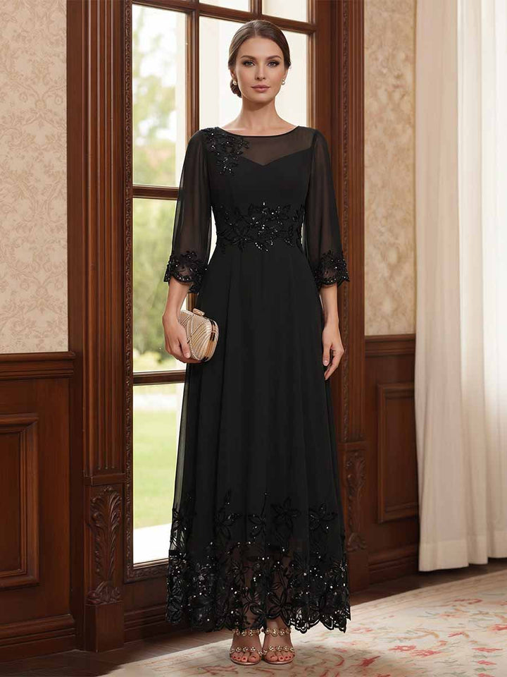 A-Line/Princess Scoop Long Sleeves Ankle Length Mother of the Bride Dresses With Embroidery &amp; Lace