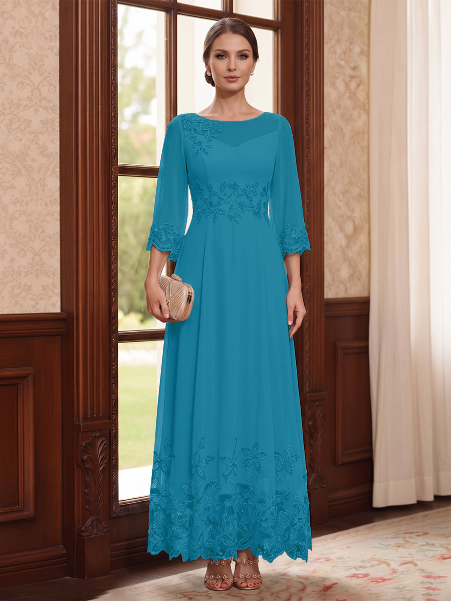 A-Line/Princess Scoop Long Sleeves Ankle Length Mother of the Bride Dresses With Embroidery &amp; Lace