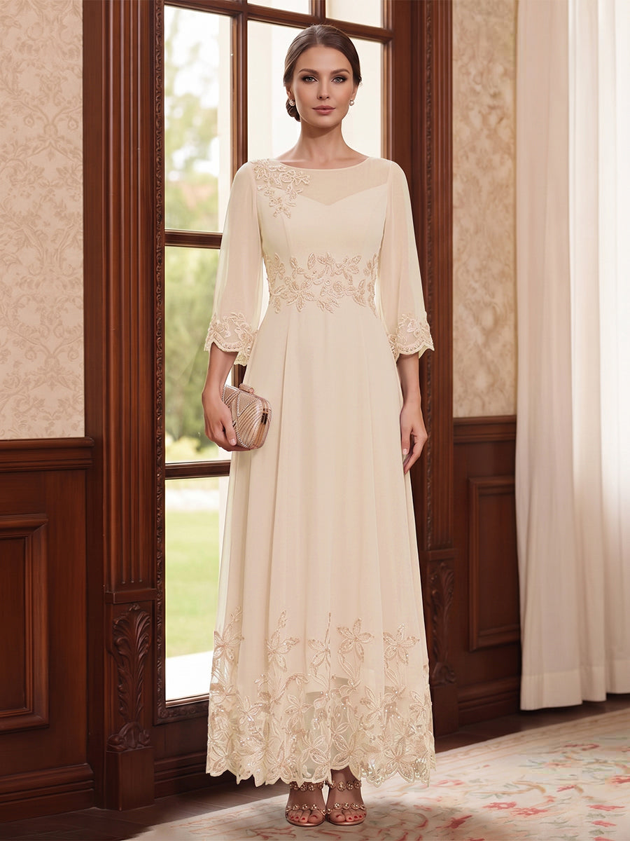 A-Line/Princess Scoop Long Sleeves Ankle Length Mother of the Bride Dresses With Embroidery &amp; Lace