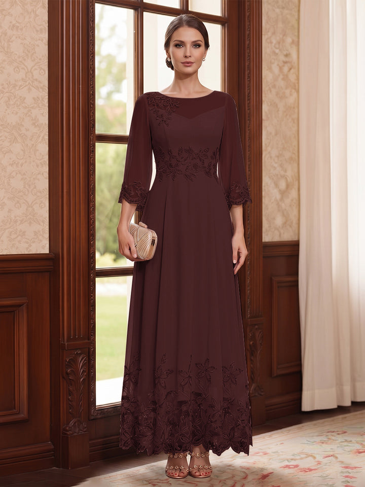 A-Line/Princess Scoop Long Sleeves Ankle Length Mother of the Bride Dresses With Embroidery &amp; Lace