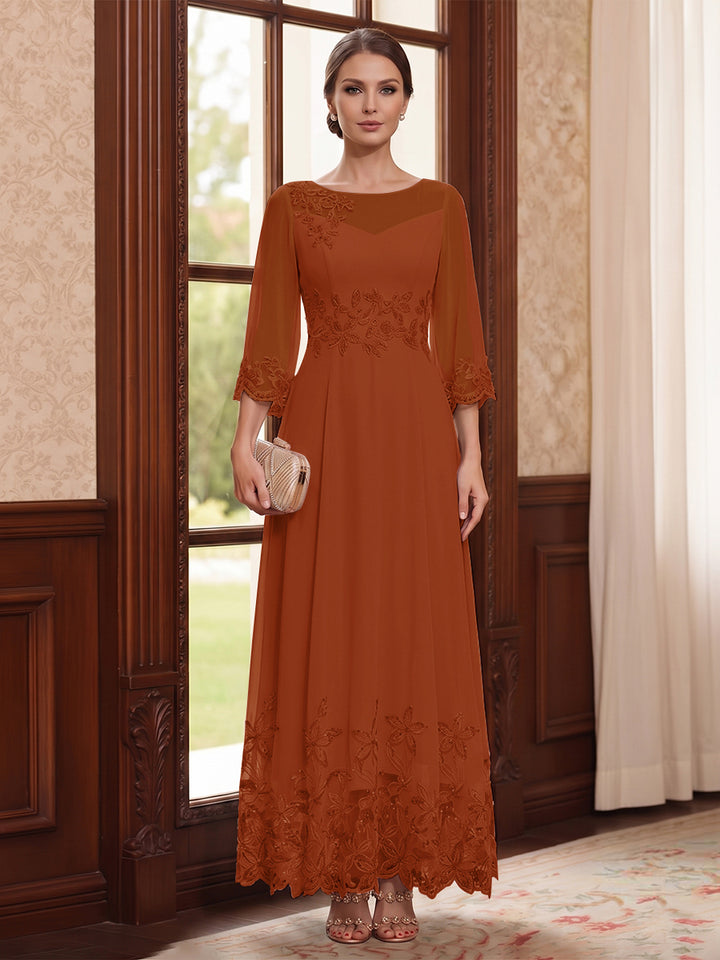 A-Line/Princess Scoop Long Sleeves Ankle Length Mother of the Bride Dresses With Embroidery &amp; Lace