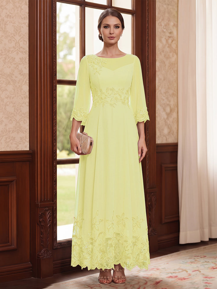 A-Line/Princess Scoop Long Sleeves Ankle Length Mother of the Bride Dresses With Embroidery &amp; Lace