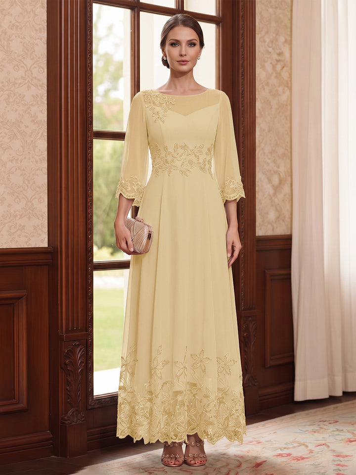 A-Line/Princess Scoop Long Sleeves Ankle Length Mother of the Bride Dresses With Embroidery &amp; Lace