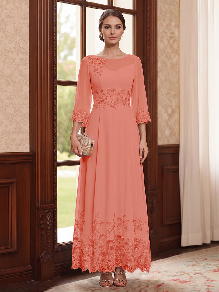 A-Line/Princess Scoop Long Sleeves Ankle Length Mother of the Bride Dresses With Embroidery &amp; Lace
