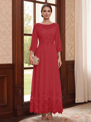 A-Line/Princess Scoop Long Sleeves Ankle Length Mother of the Bride Dresses With Embroidery & Lace