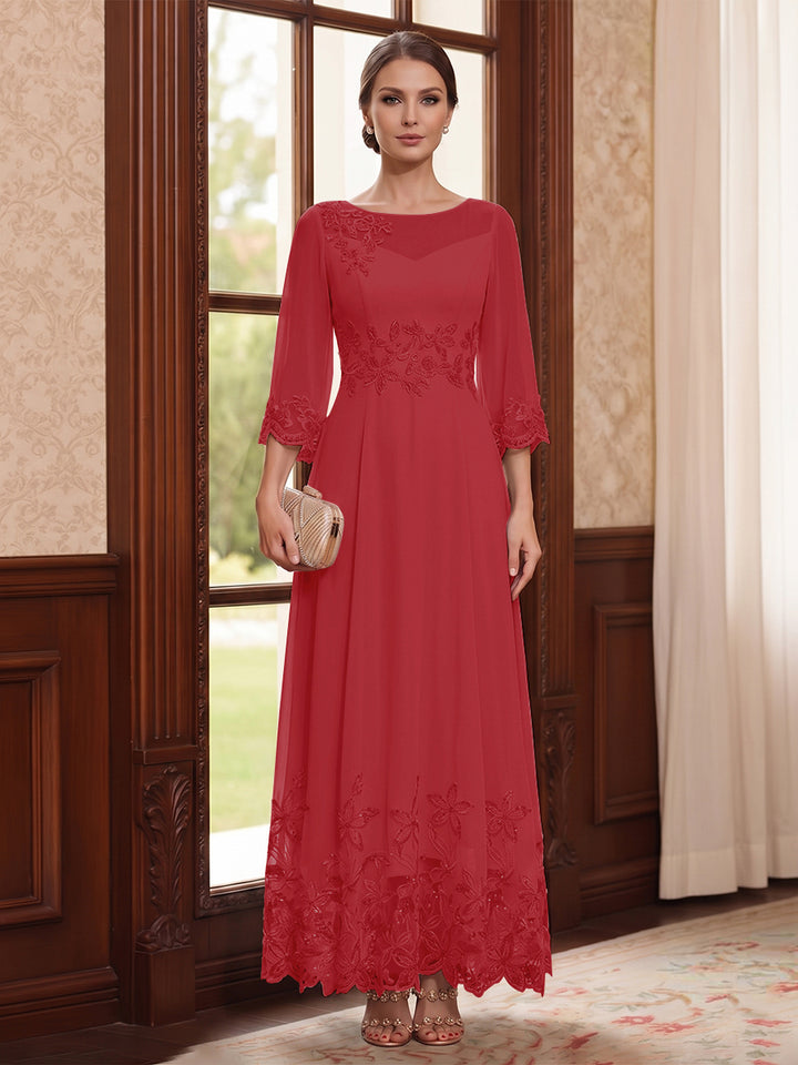 A-Line/Princess Scoop Long Sleeves Ankle Length Mother of the Bride Dresses With Embroidery &amp; Lace
