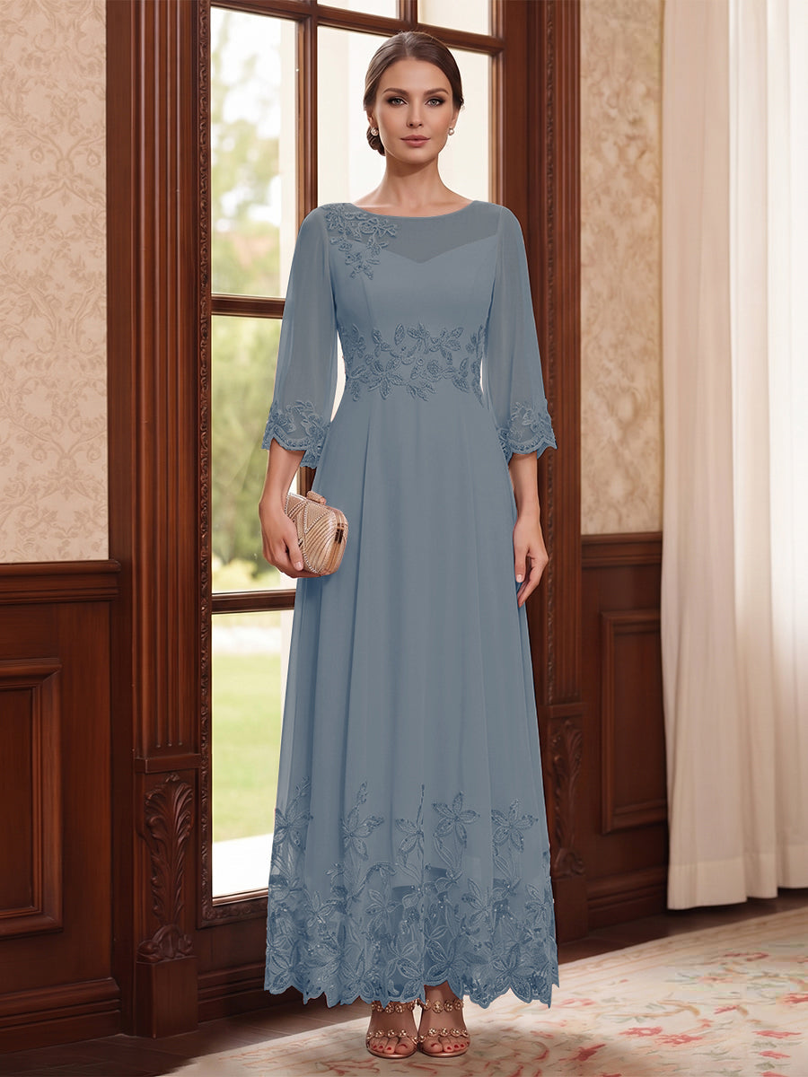 A-Line/Princess Scoop Long Sleeves Ankle Length Mother of the Bride Dresses With Embroidery &amp; Lace