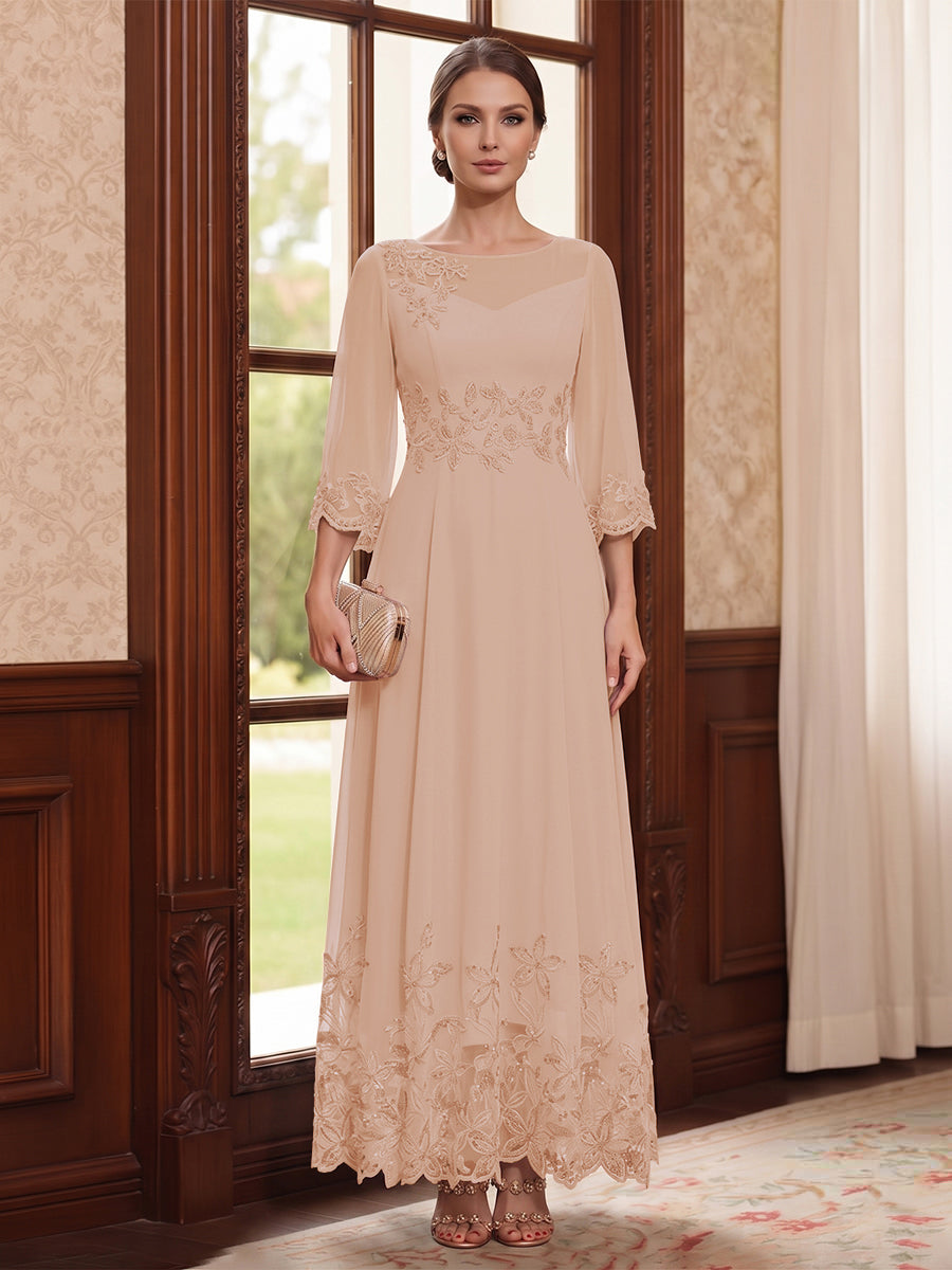 A-Line/Princess Scoop Long Sleeves Ankle Length Mother of the Bride Dresses With Embroidery &amp; Lace