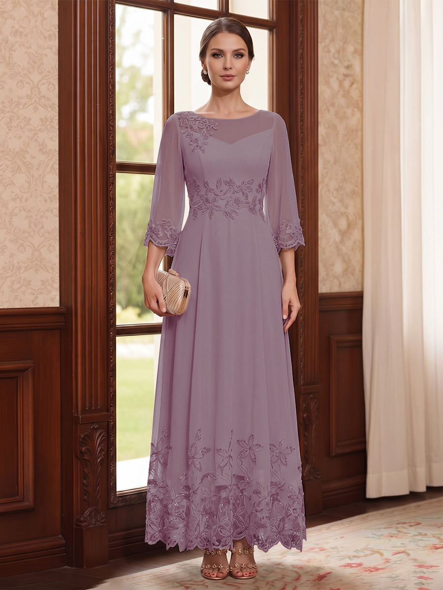 A-Line/Princess Scoop Long Sleeves Ankle Length Mother of the Bride Dresses With Embroidery &amp; Lace