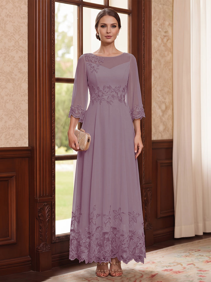 A-Line/Princess Scoop Long Sleeves Ankle Length Mother of the Bride Dresses With Embroidery &amp; Lace