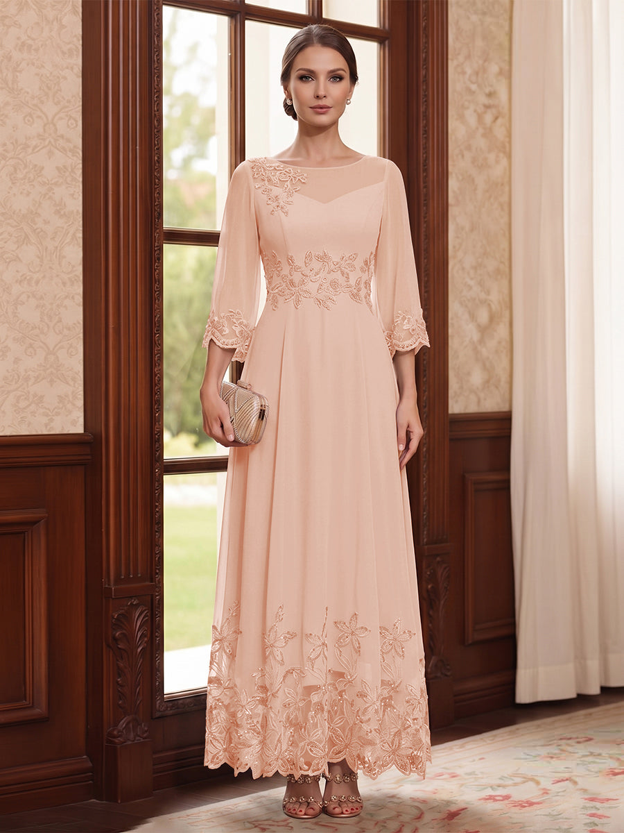 A-Line/Princess Scoop Long Sleeves Ankle Length Mother of the Bride Dresses With Embroidery &amp; Lace