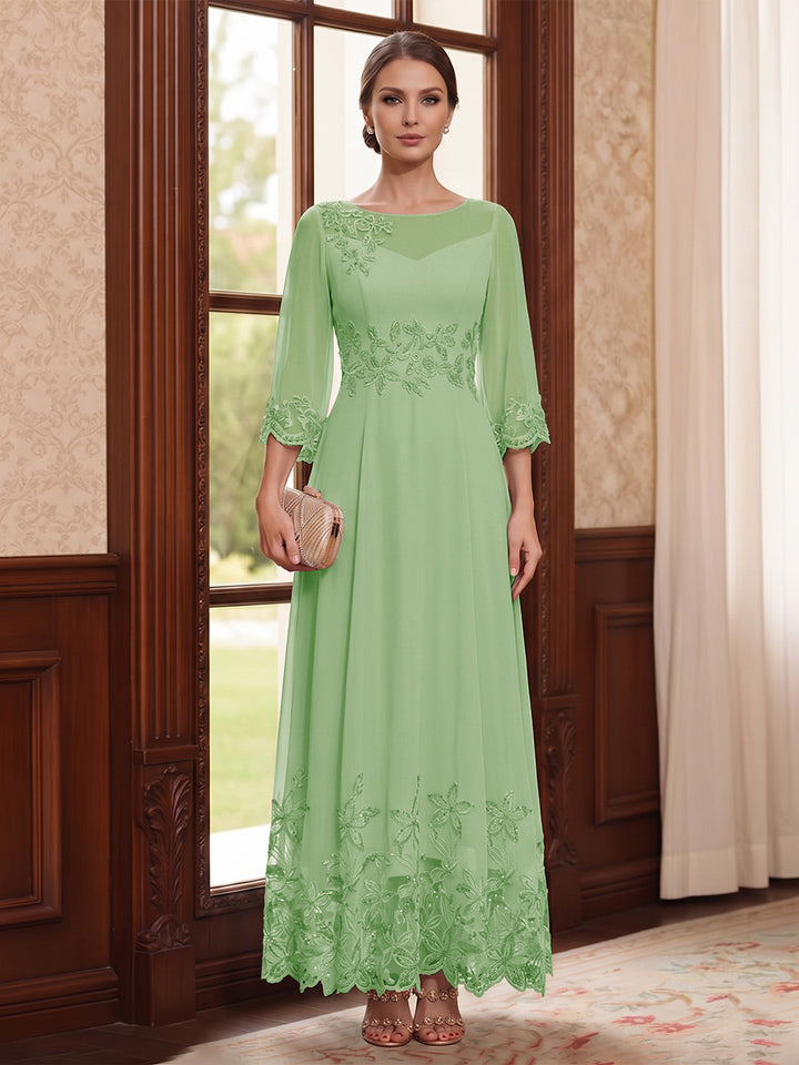 A-Line/Princess Scoop Long Sleeves Ankle Length Mother of the Bride Dresses With Embroidery &amp; Lace