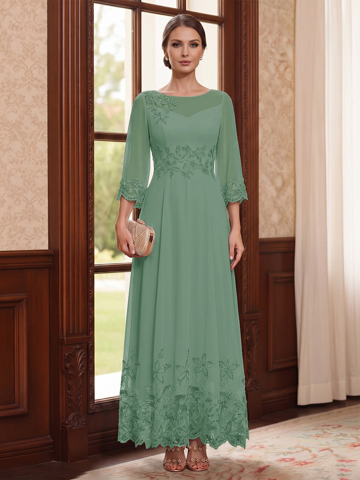 A-Line/Princess Scoop Long Sleeves Ankle Length Mother of the Bride Dresses With Embroidery &amp; Lace