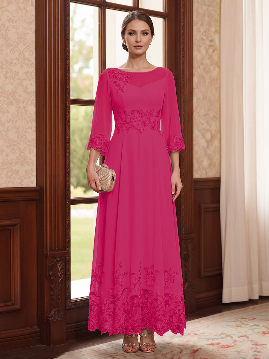 A-Line/Princess Scoop Long Sleeves Ankle Length Mother of the Bride Dresses With Embroidery &amp; Lace