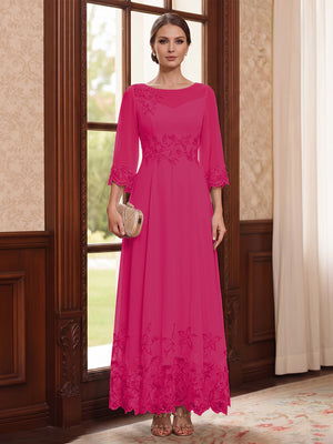 A-Line/Princess Scoop Long Sleeves Ankle Length Mother of the Bride Dresses With Embroidery & Lace